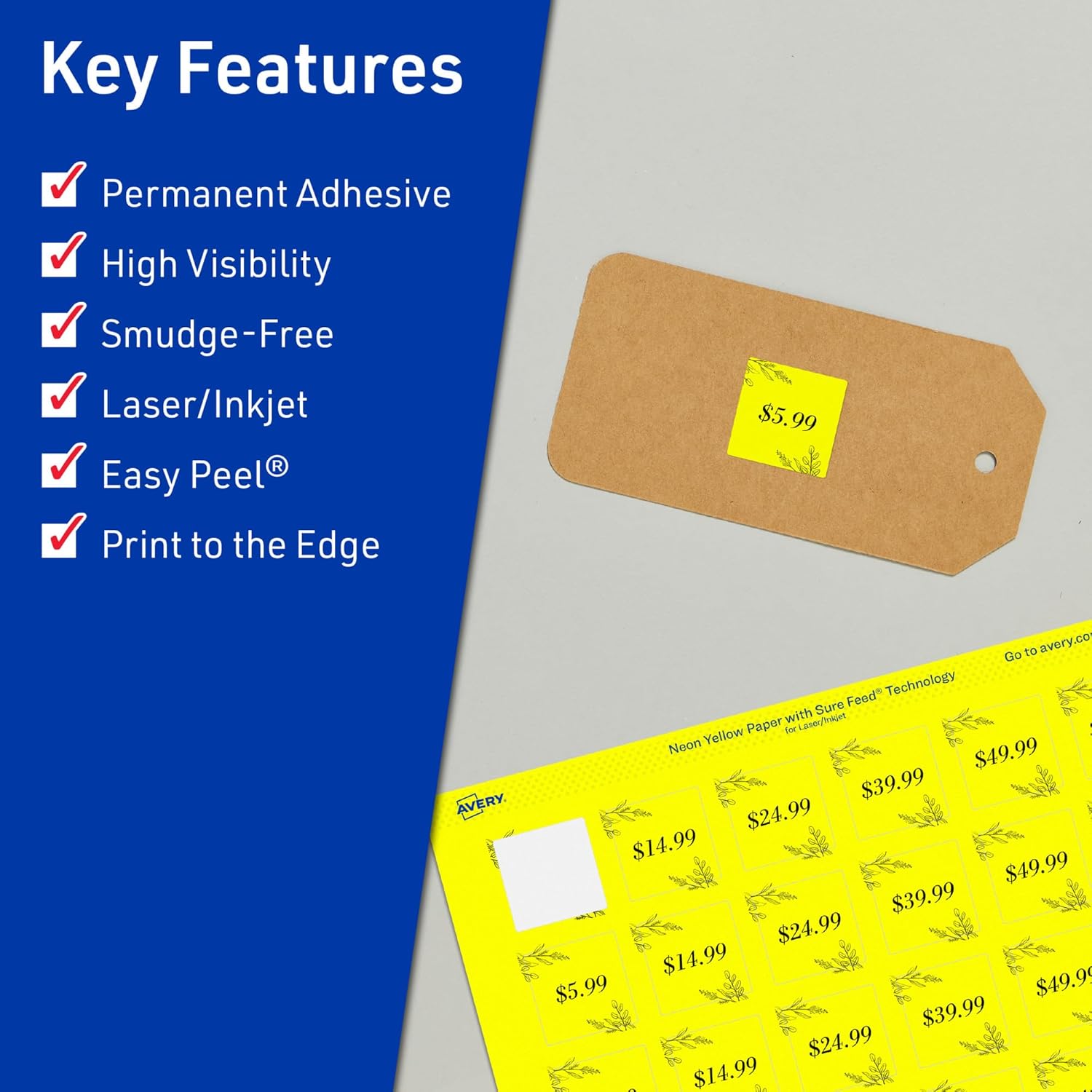 Avery Printable Square Labels, Sure Feed Technology, 1-1/2" x 1-1/2", Neon Yellow Labels, Print-to-The-Edge