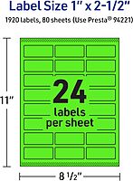 Avery Printable Rectangle Labels, Sure Feed Technology, 1\" x 2-1/2\", Neon Green, Laser/Inkjet Printable