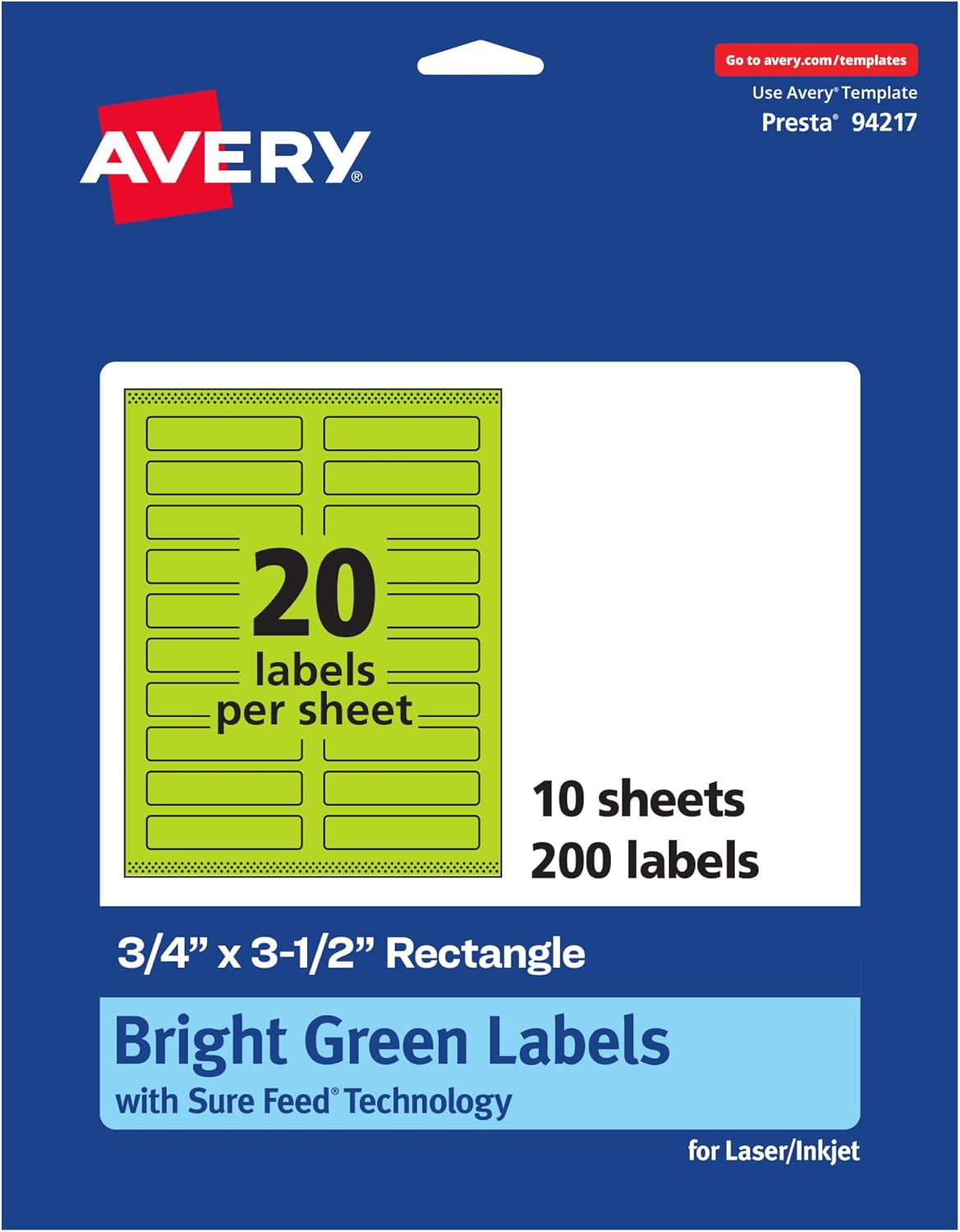 Avery Printable Rectangle Labels, Sure Feed Technology, 3/4" x 3-1/2", Bright Green, Print-to-The-Edge