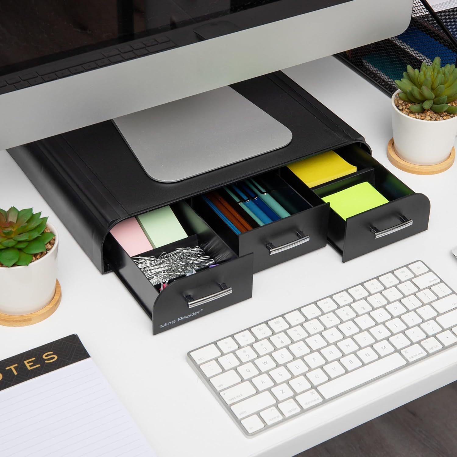 MIND READER Monitor Stand, Desktop Organizer with 3 Drawers, Plastic Riser, 13.5"L x 13"W x 4"H