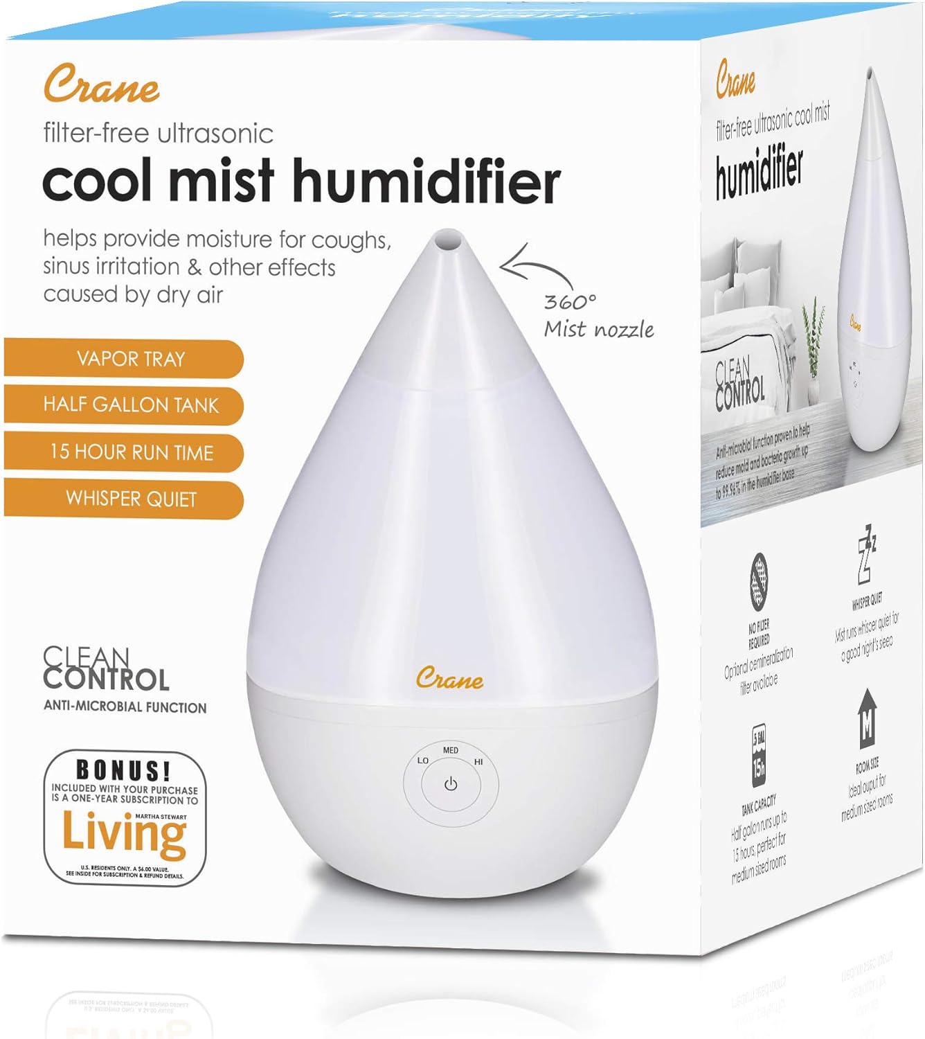 CRANE Droplet/Teardrop Ultrasonic Cool Mist Humidifier, 0.5 Gallon
