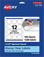 Avery Glossy Clear Round Labels, Sure Feed Technology, 2.25" Diameter, Print-to-The-Edge, Laser/Inkjet Printable