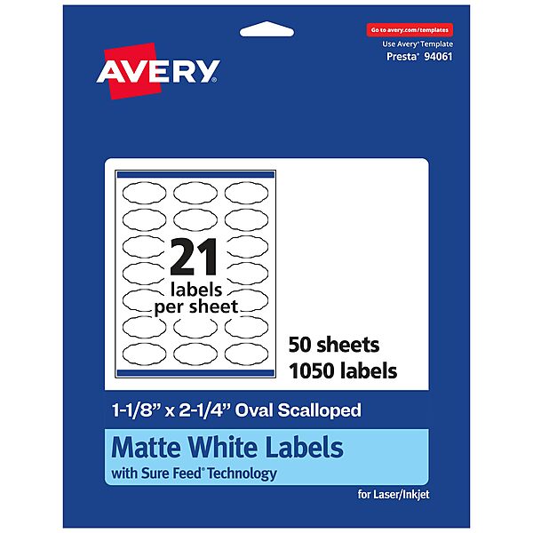 AVERY Matte White Oval Scalloped Labels, Sure Feed Technology, 1-1/8 x 2-1/4