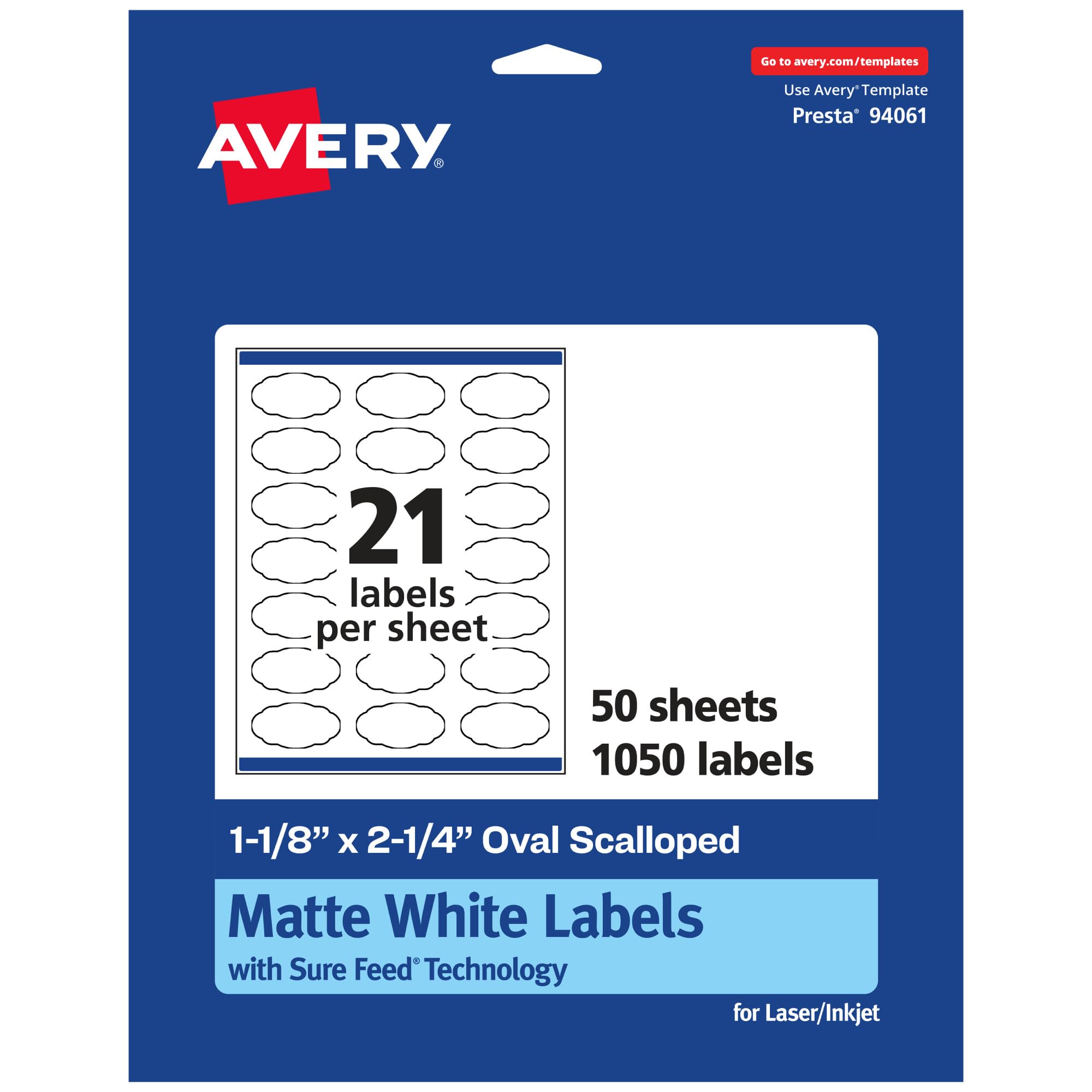 AVERY Matte White Oval Scalloped Labels, Sure Feed Technology, 1-1/8 x 2-1/4