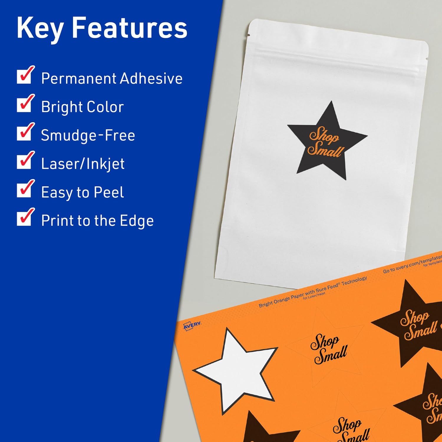 AVERY Printable Star Labels with Sure Feed Technology - Bright Orange