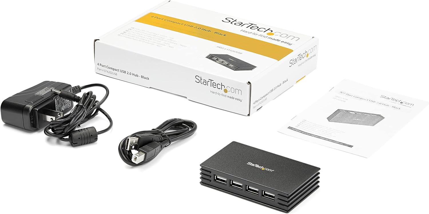 StarTech.com 4 Port Compact Black USB 2.0 Hub - Bus-powered or with Included Power Adapter - Portable Mac/PC laptop hub