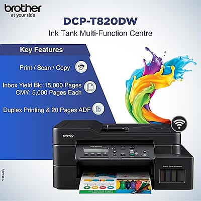 Brother DCP-T820DW Printer - Auto Duplex Printing, Print, Scan, Copy, ADF, WiFi/LAN/USB Brother DCP-T820DW Printer - Auto Duplex Printing, Print, Scan, Copy, ADF, WiFi/LAN/USB
