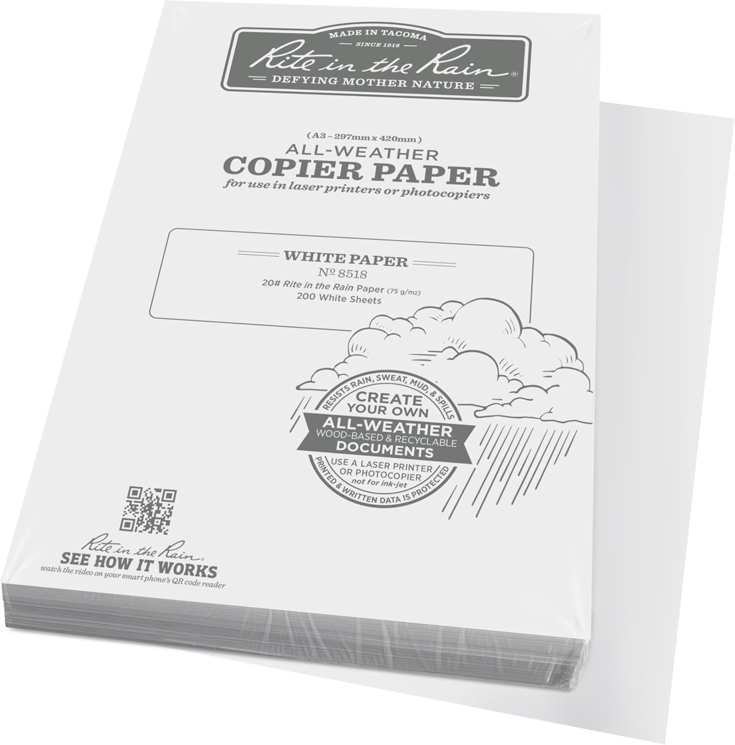 RITE IN THE RAIN All-Weather Copier/Printer Paper, 20 lb, 84 Brightness