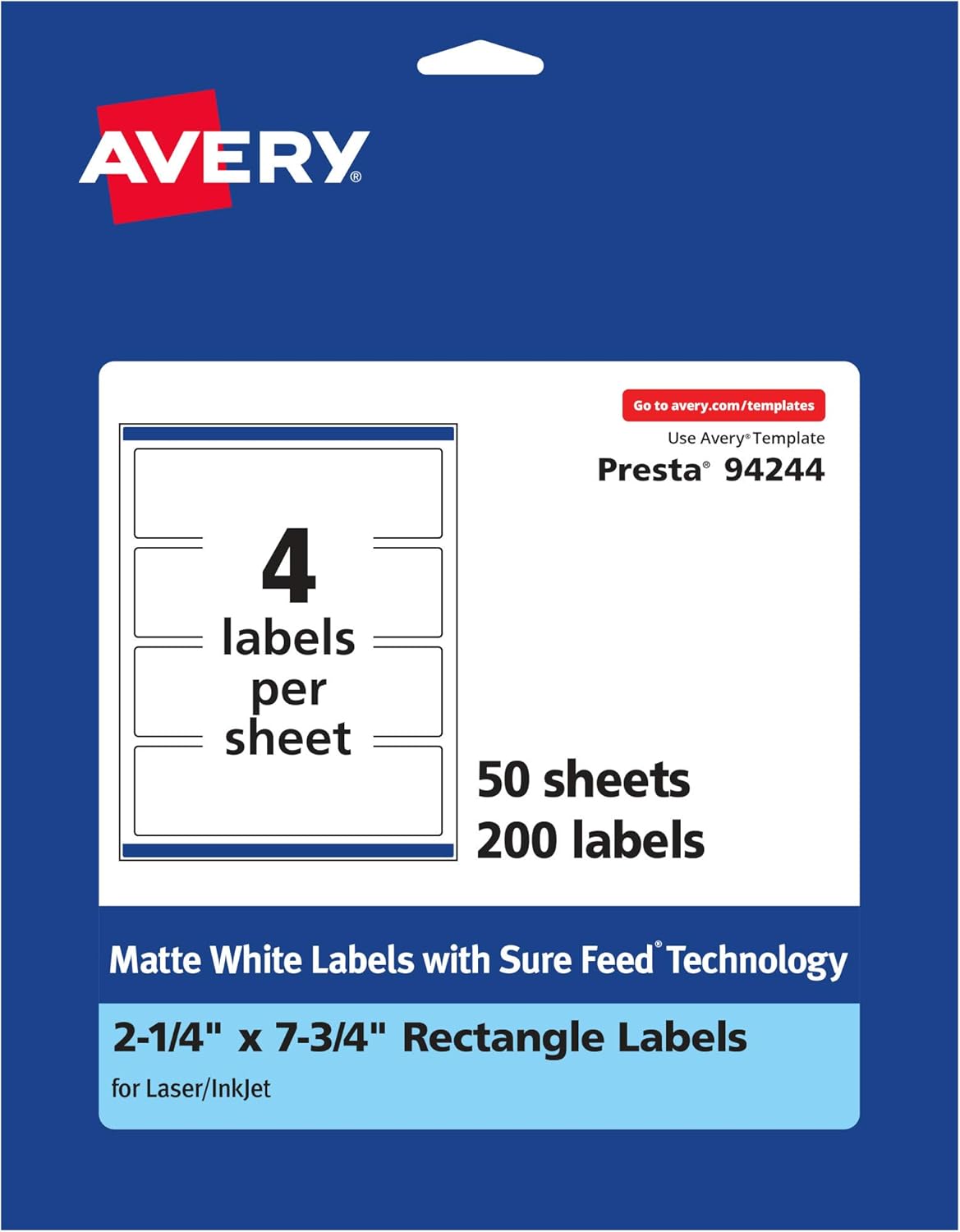 Avery Matte White Rectangle Labels, Sure Feed Technology, 2.25 x 7.75