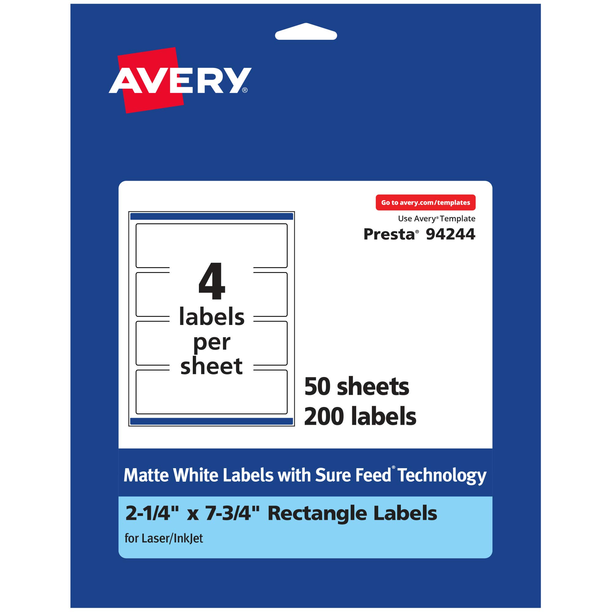 Avery Matte White Rectangle Labels, Sure Feed Technology, 2.25 x 7.75