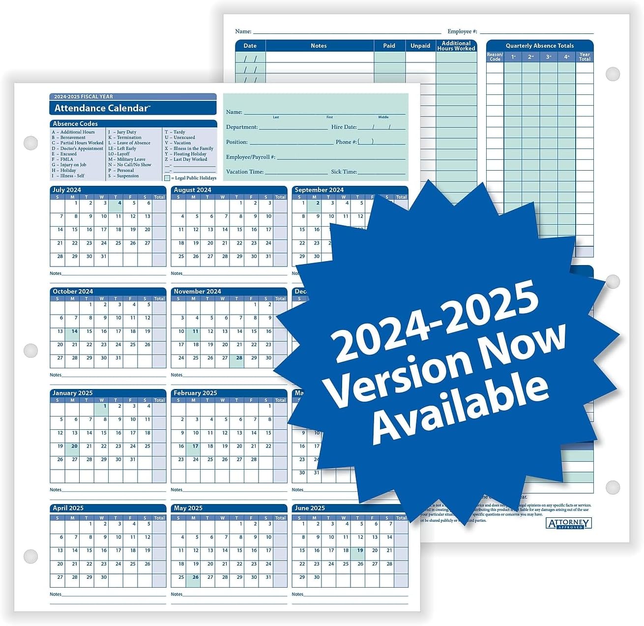ComplyRight 2025-2026 Fiscal Attendance Calendar, 8 1/2in x 11in, Pack Of 50
