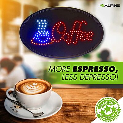 Alpine Industries LED Coffee Sign - High Visibility Tempered Glass Signage - Noticeable Design for Business & Retail Stores Oval (23" x 14")