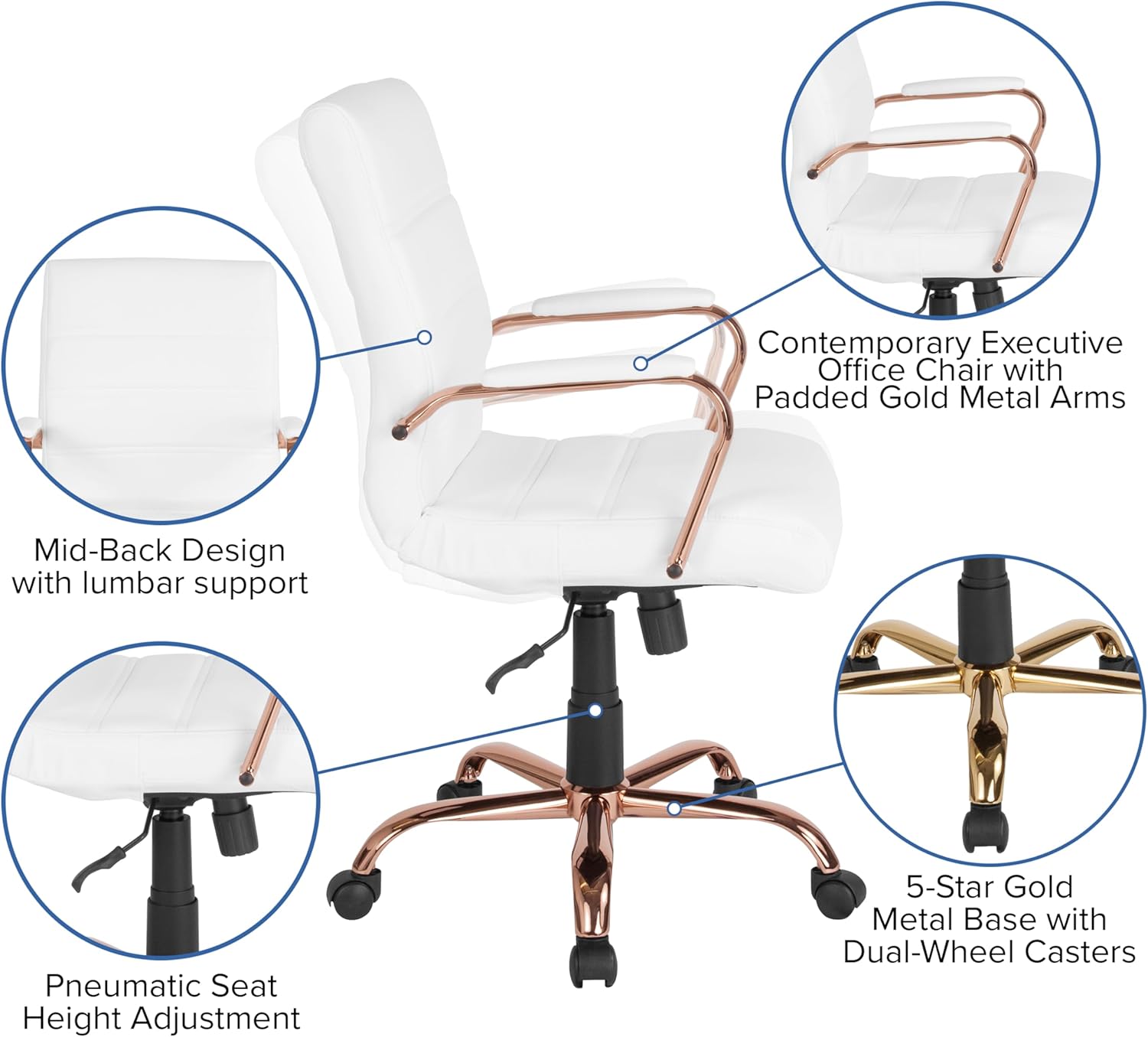 Flash Furniture Whitney Mid-Back Swivel LeatherSoft Desk Chair with Padded Seat and Armrests