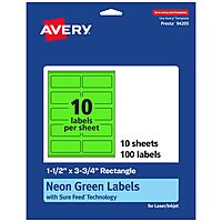 Avery Printable Rectangle Labels, Sure Feed Technology, 1.5 x 3.75, Neon Green, Print-to-The-Edge, Laser/Inkjet