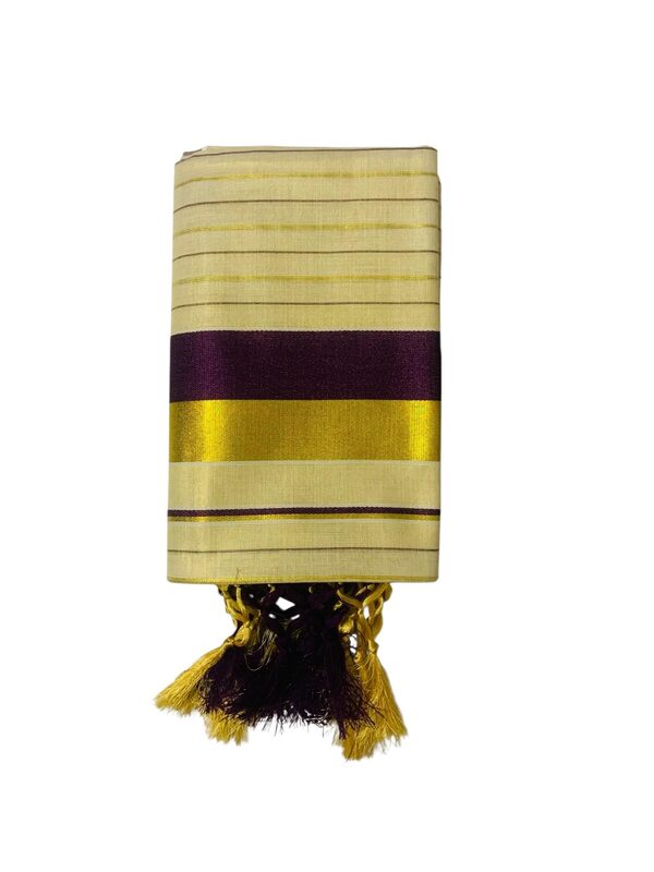 Women's Kuthampully Kerala Kasavu Set mundu Tissue with Kunjam | Kerala Tissue set mundu latest collections | Kuthampully Stripe Kasavu set mundu - Multi color KTM-902 (WineRed-Gold)