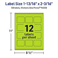 Avery Bright Green Rectangle Printable Labels, Sure Feed, 1-13/16" x 2-3/16"
