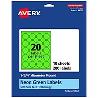 Avery Printable Round Labels, Sure Feed Technology, 1.75" Diameter, Neon Green, Print-to-The-Edge, Laser/Inkjet Printable