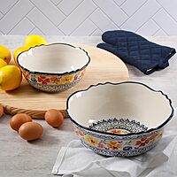 Gibson Home Luxembourg 2 Piece Stoneware Bowl Set, White with Blue Design, 10 and 8 Inch