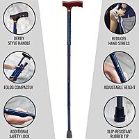 DMI Sports Walking Cane or Stick, Foldable Cane for Men, Women, Seniors and Handicapped Adjusts from 33-37" in 1 inch increments with Ergonomic Wood Handle,Supports up to 250 Pounds Blue Ice