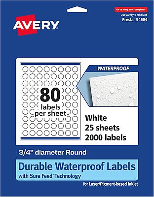 Avery Durable Waterproof Round Labels, Sure Feed Technology, 0.75" Diameter, Print-to-The-Edge