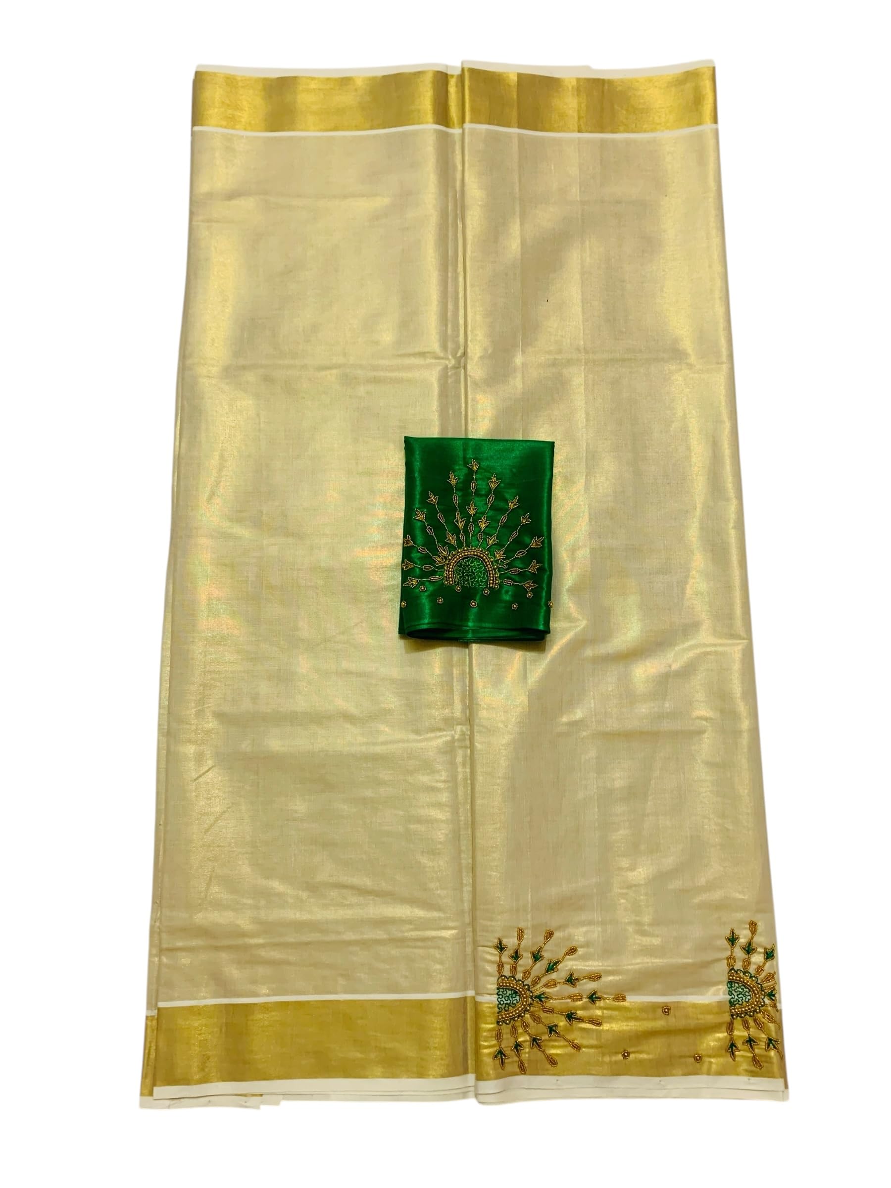Kuthampully Kerala Kasavu Sarees For Women | Handcrafted Aari work Kerala Sarees | Tissue Onam Saree With Running Blouse | South Indian Sarees | Onam Saree EKM-858 (Green)