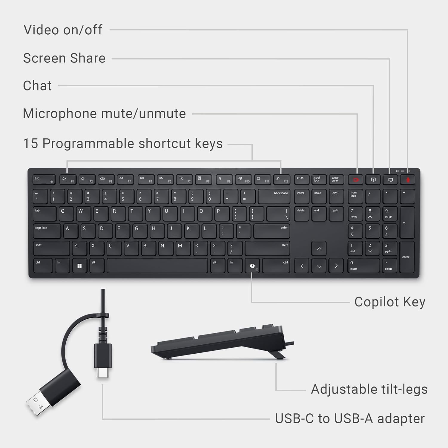 Dell KB525C Wired Collaboration Keyboard - USB-C & USB-A Versatile connectivity, 15 Programmable Shortcuts Keys
