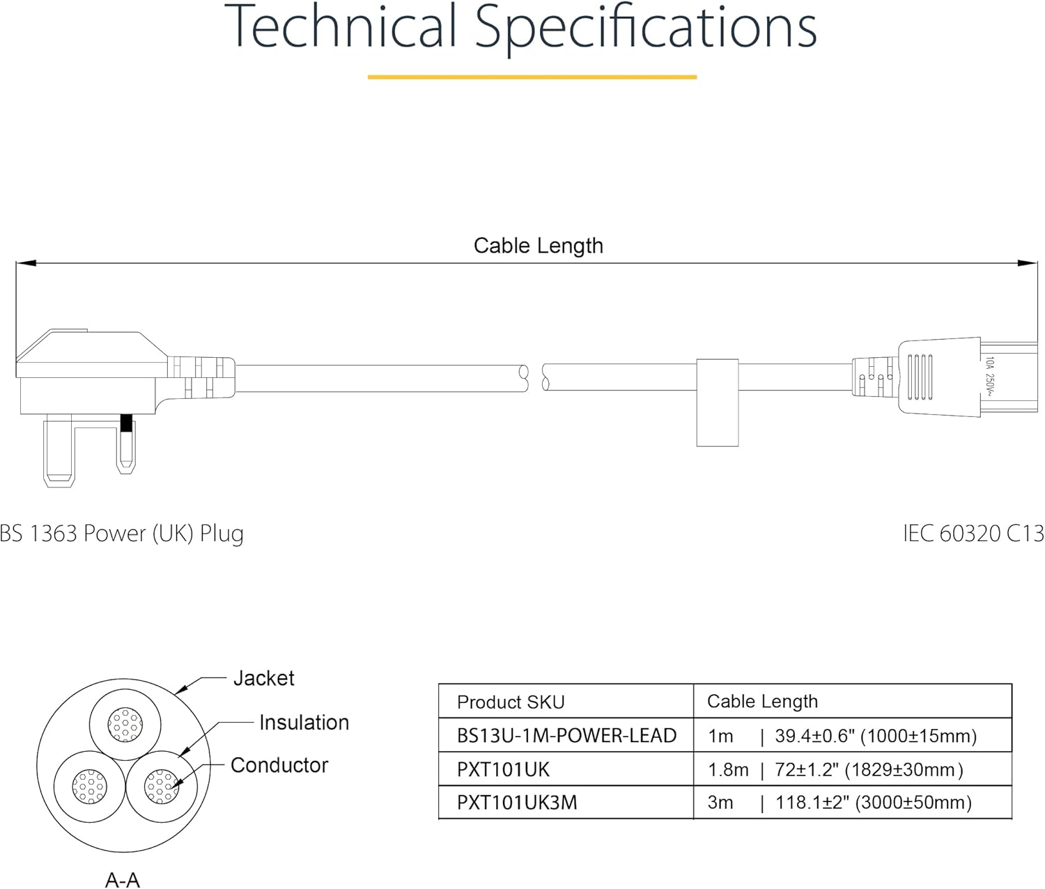 StarTech.com 6ft (1.8m) UK Computer Power Cable, 18AWG, BS 1363 to C13, 10A 250V, Black Replacement AC Power Cord