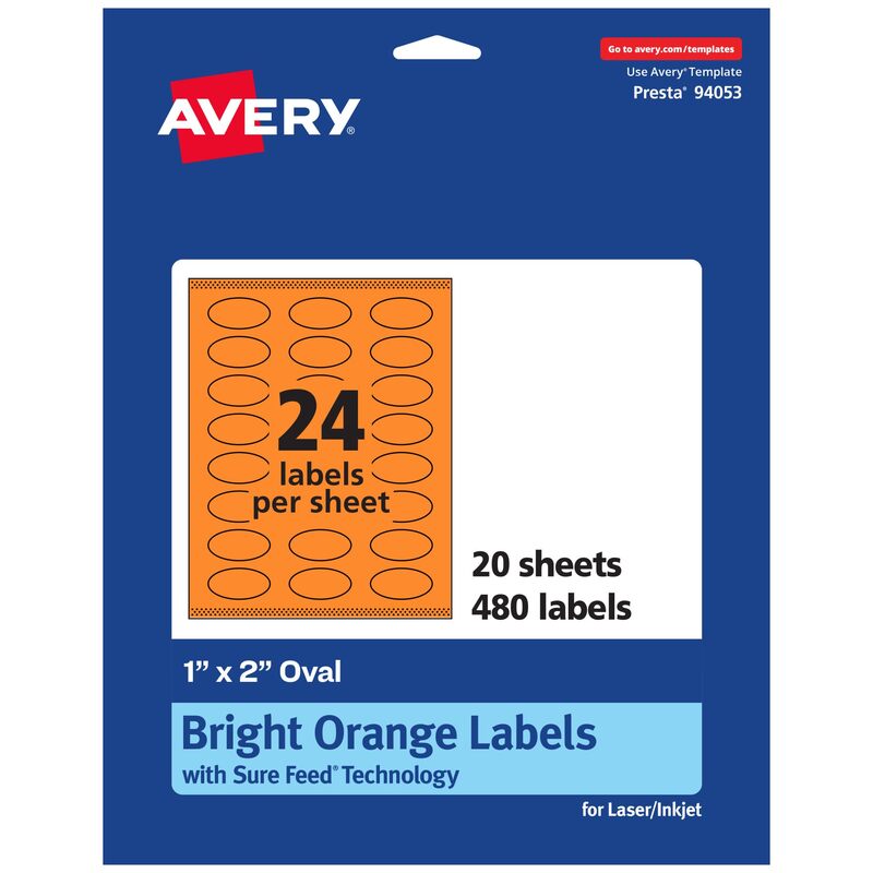 AVERY Printable Oval Labels, Sure Feed Technology, 1" x 2", Bright Orange, Print-to-The-Edge, Laser/Inkjet Printable
