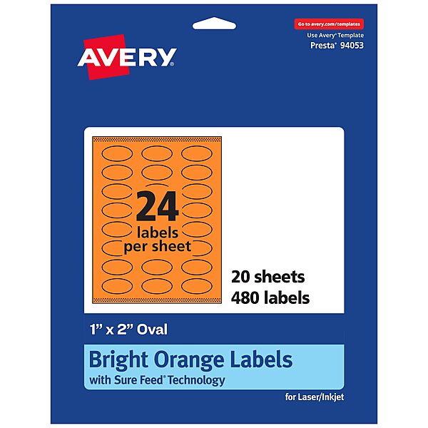 AVERY Printable Oval Labels, Sure Feed Technology, 1" x 2", Bright Orange, Print-to-The-Edge, Laser/Inkjet Printable