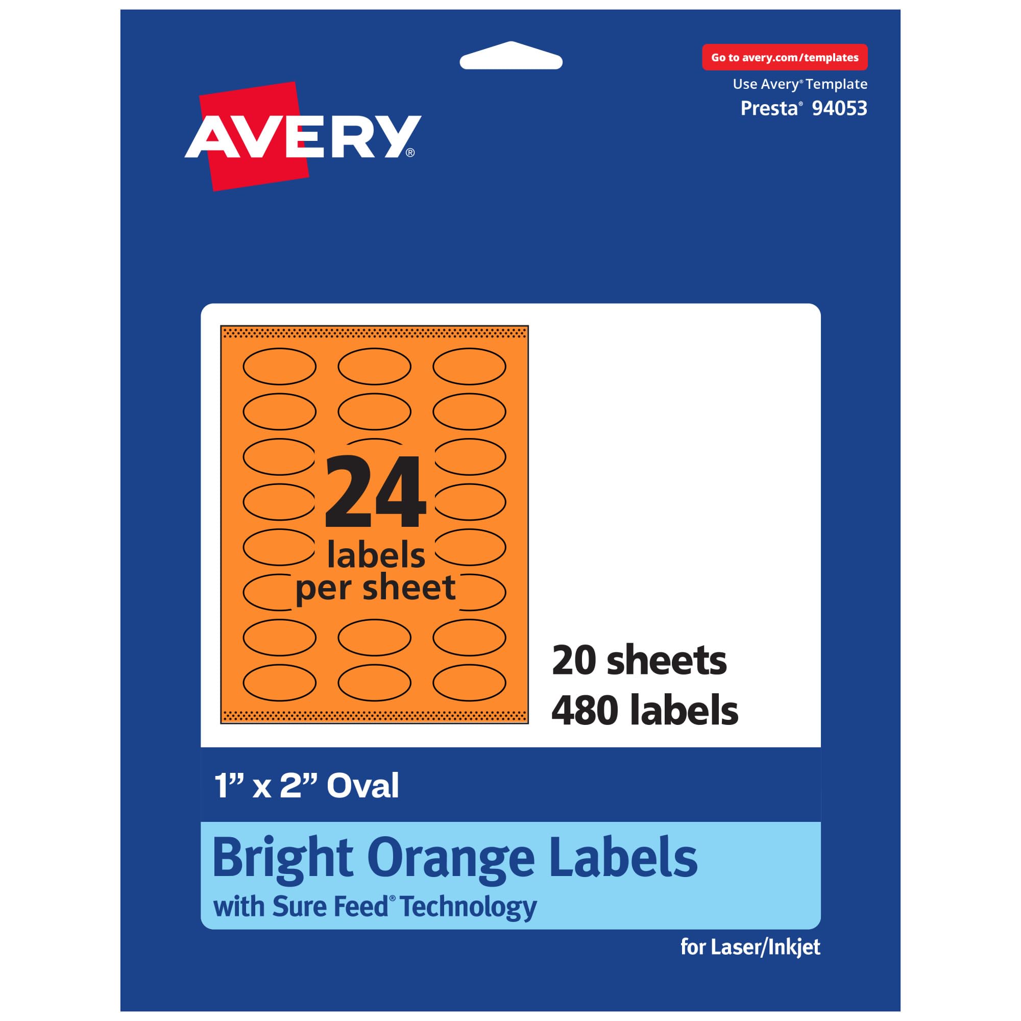 AVERY Printable Oval Labels, Sure Feed Technology, 1" x 2", Bright Orange, Print-to-The-Edge, Laser/Inkjet Printable