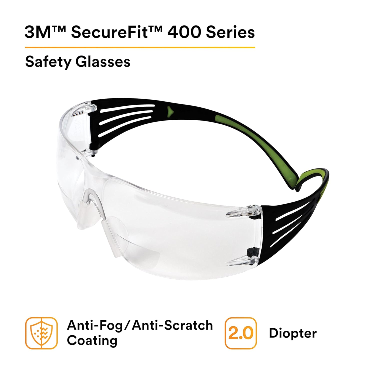 3M SecureFit Protective Eyewear, Polycarbonate Frame, SF420AF 400 Series, Anti-Fog Lens, +2.0 Diopter, One Size