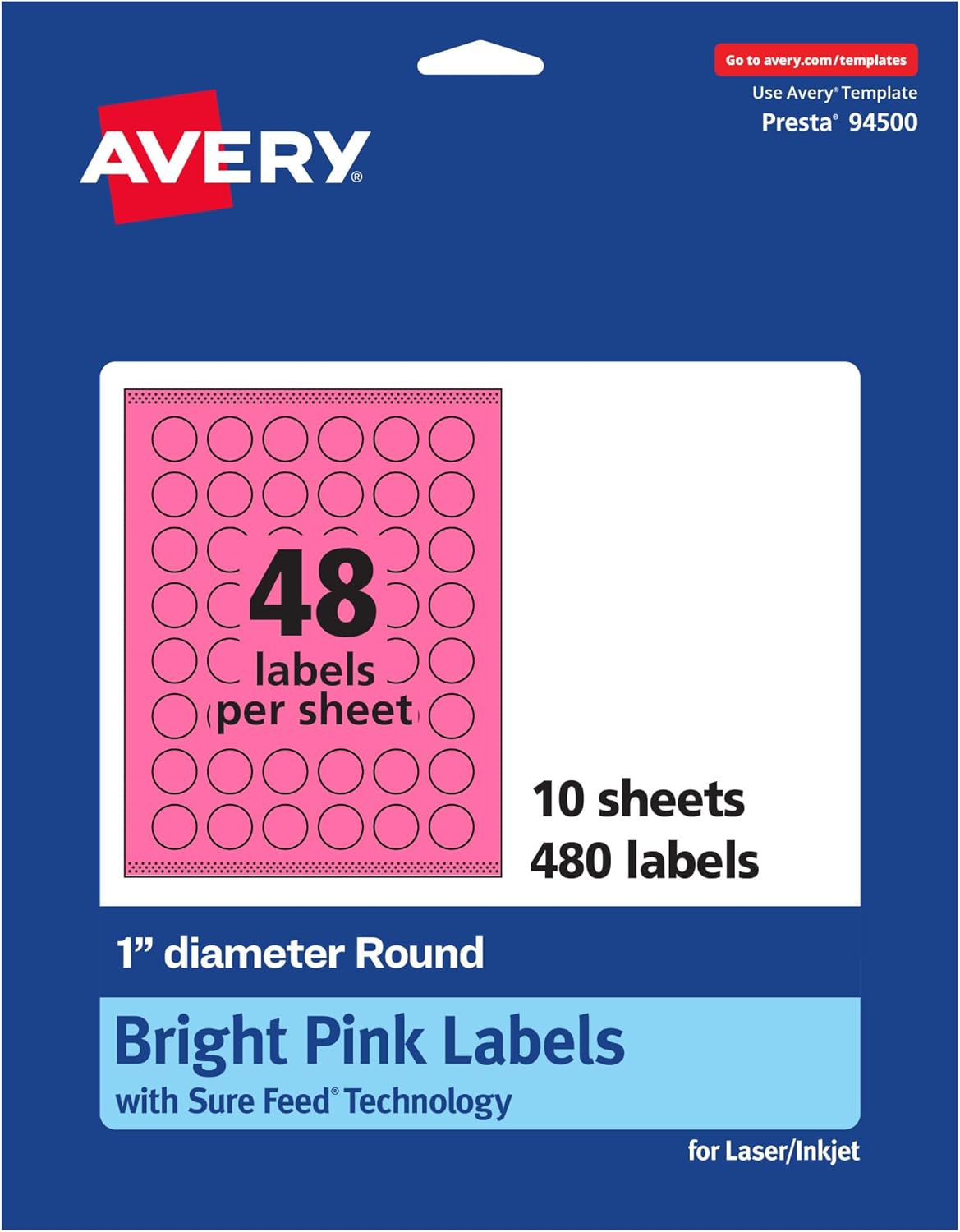 Avery Printable Round Labels, Sure Feed Technology, 1" Diameter, Bright Pink Labels, Print-to-The-Edge, Laser/Inkjet