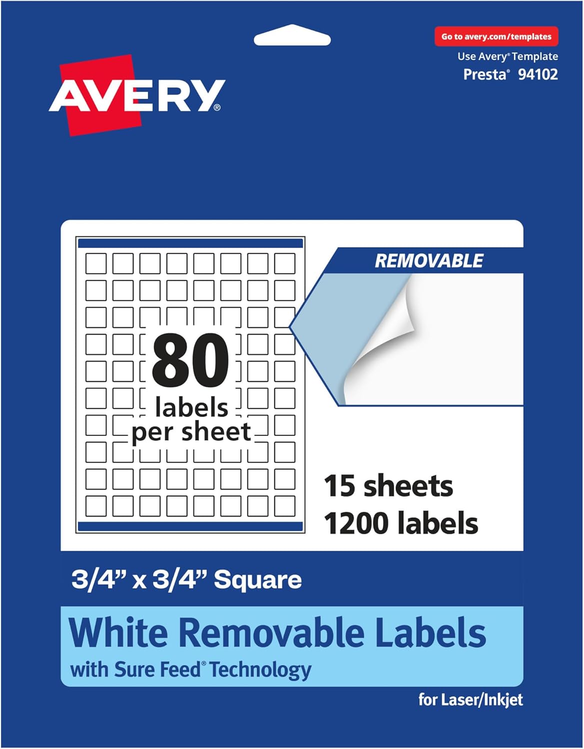 Avery Matte White Removable Square Labels, Sure Feed Technology, Print-to-The-Edge, 3/4" x 3/4"