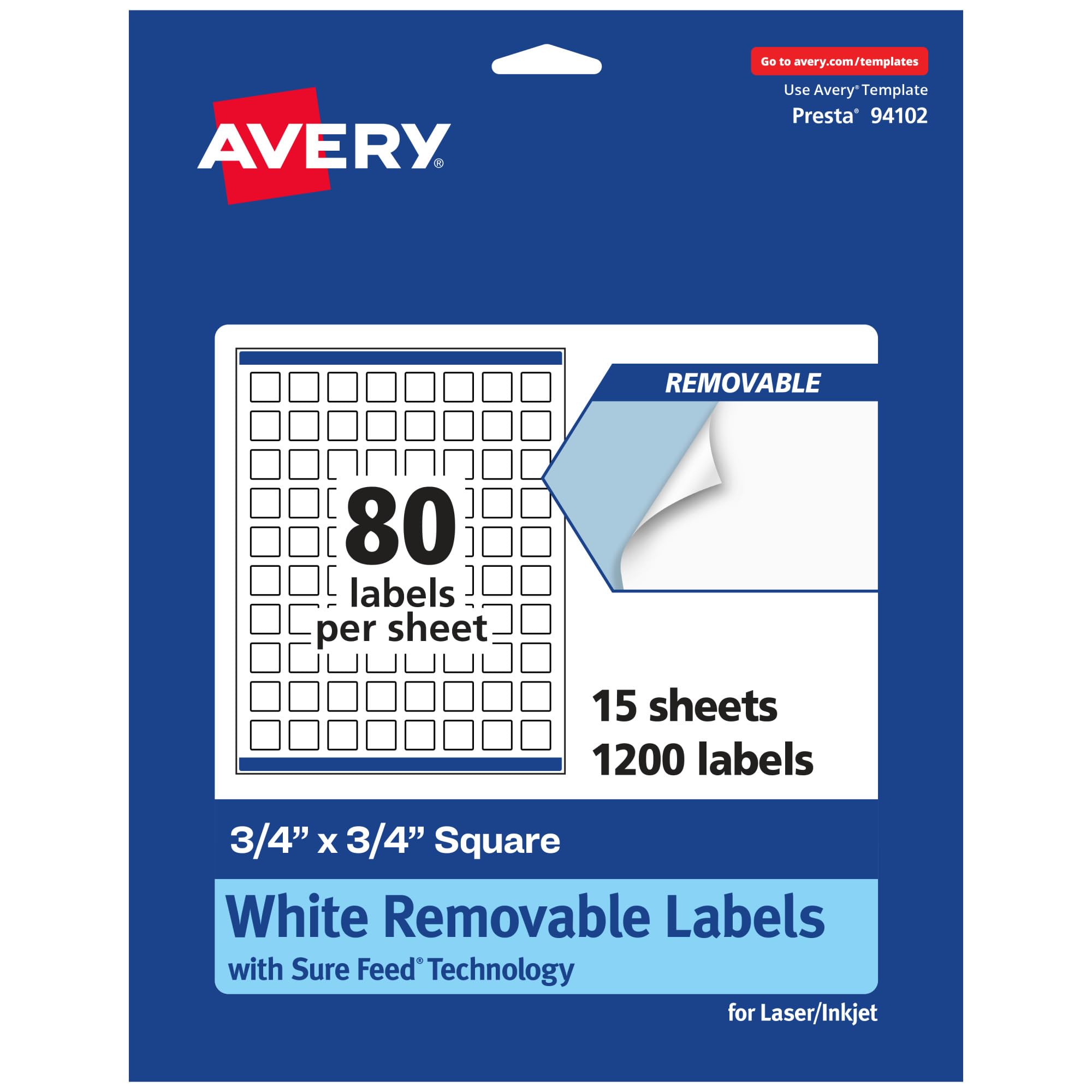 Avery Matte White Removable Square Labels, Sure Feed Technology, Print-to-The-Edge, 3/4" x 3/4"