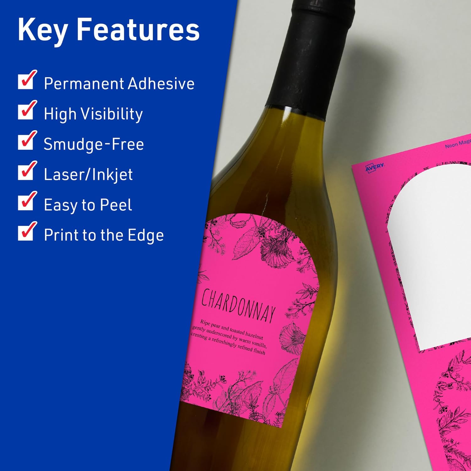 Avery Printable Arched Labels, Sure Feed Technology, 4.75" x 3.5", Neon Magenta