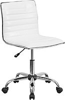 Flash Furniture Alan Low-Back Ribbed Upholstered Vinyl Swivel Desk Chair with Padded Seat, Modern Adjustable Height Padded Office Chair, White White/Chrome