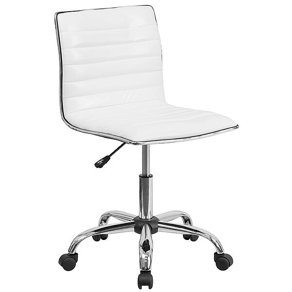 Flash Furniture Alan Low-Back Ribbed Upholstered Vinyl Swivel Desk Chair with Padded Seat, Modern Adjustable Height Padded Office Chair, White White/Chrome