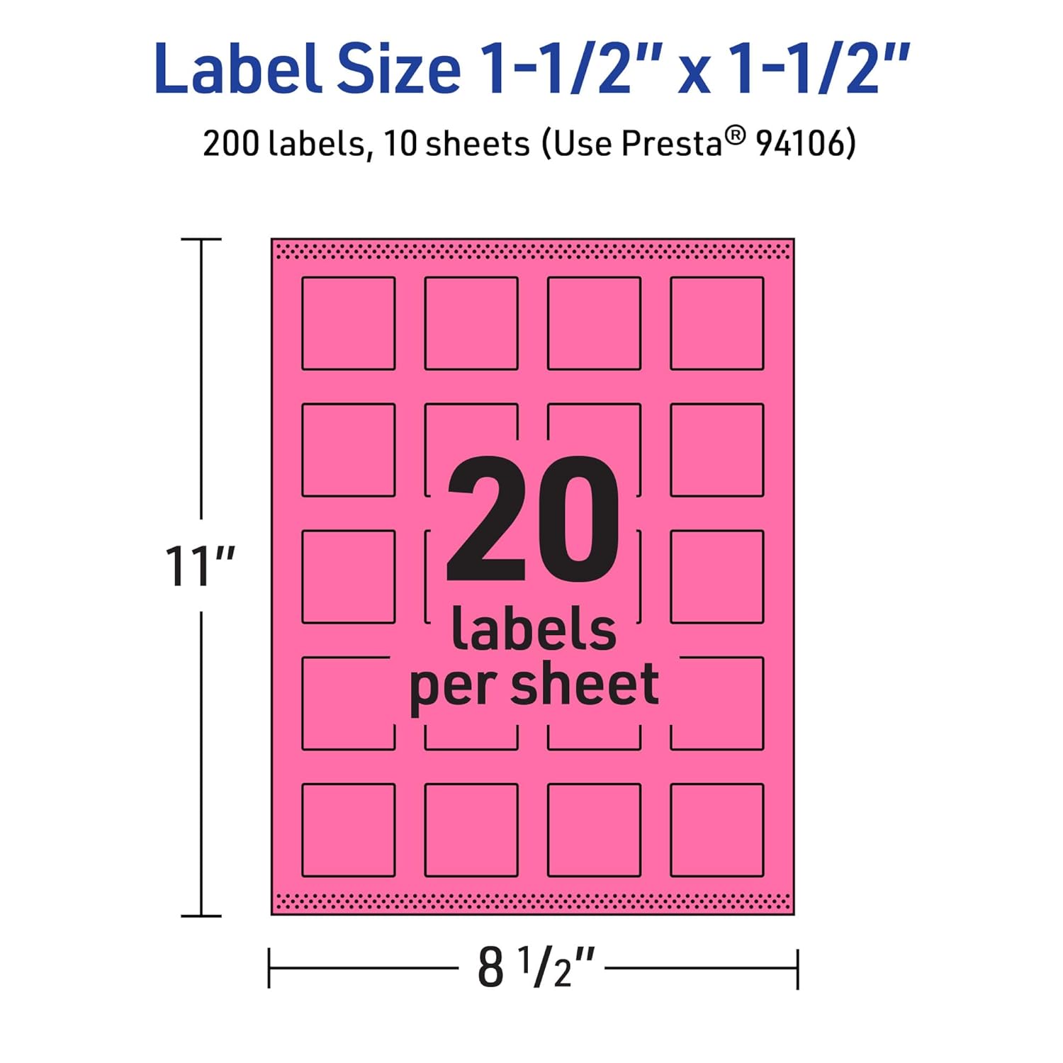 AVERY Printable Square Labels, Sure Feed Technology, 1-1/2" x 1-1/2", Bright Pink