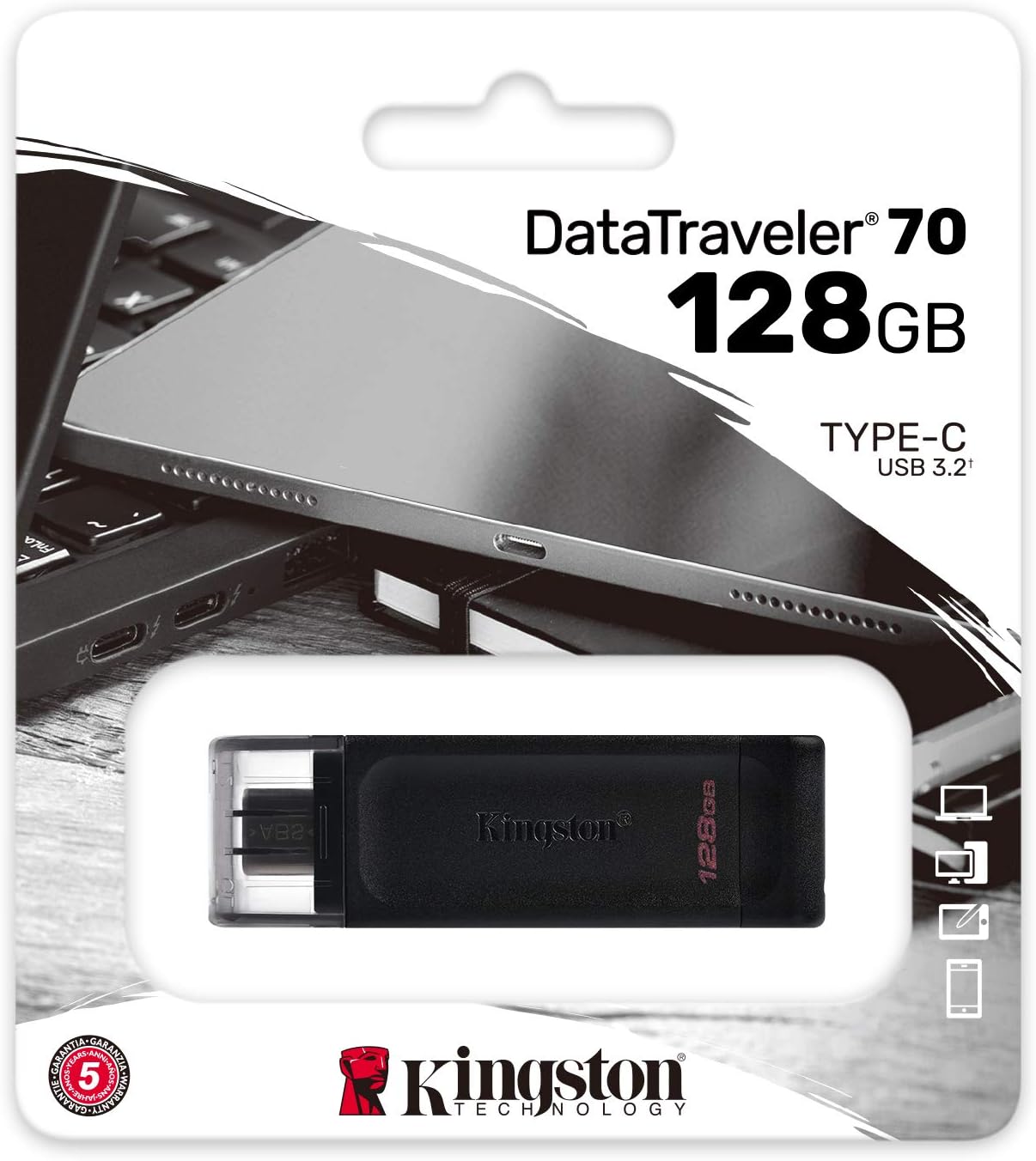 Kingston DataTraveler 70 128GB Portable and Lightweight USB-C flashdrive with USB 3.2 Gen 1 speeds DT70/128GB, Black
