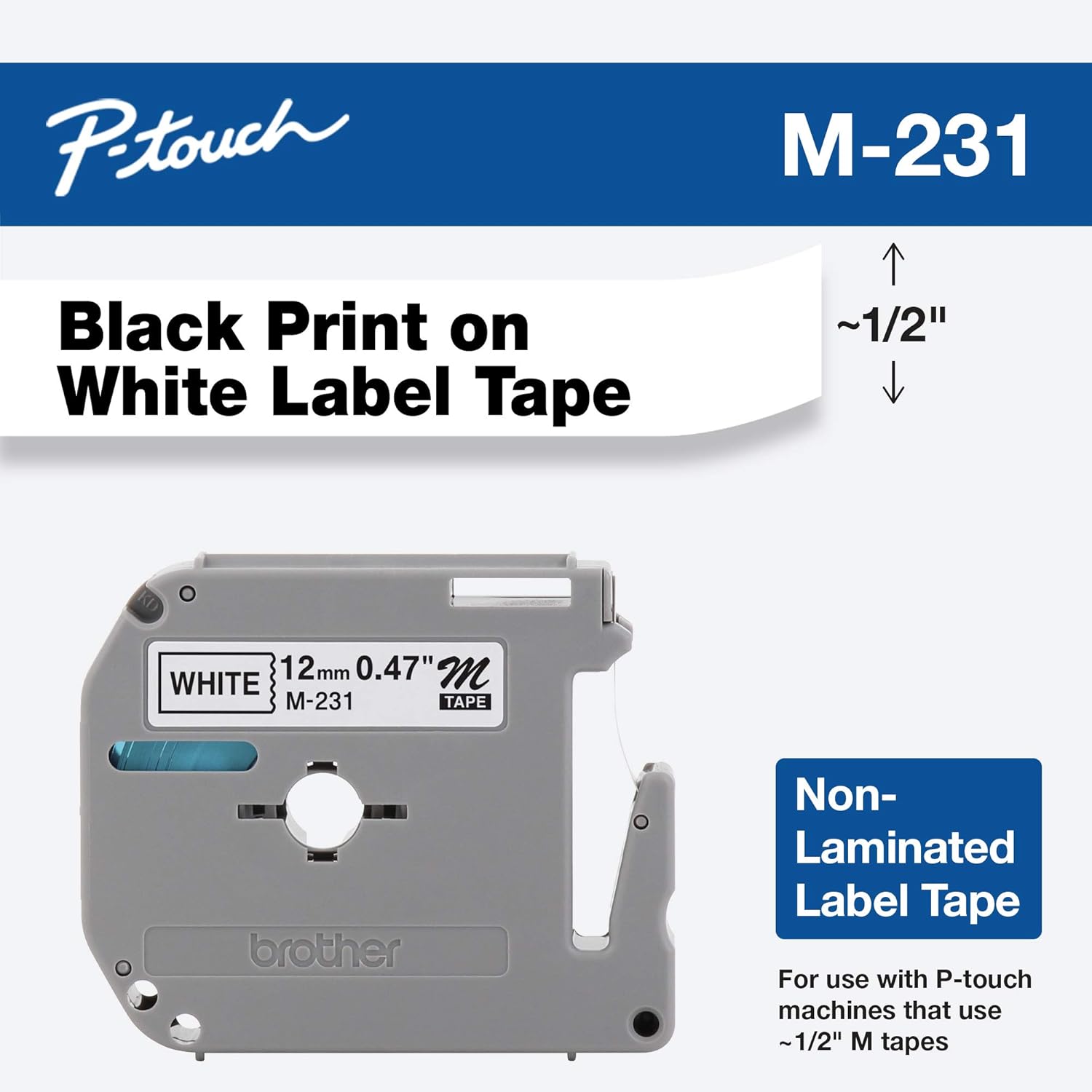 Brother M231 1/2in Labeling Tape White 0.47" x 26.2' Tape