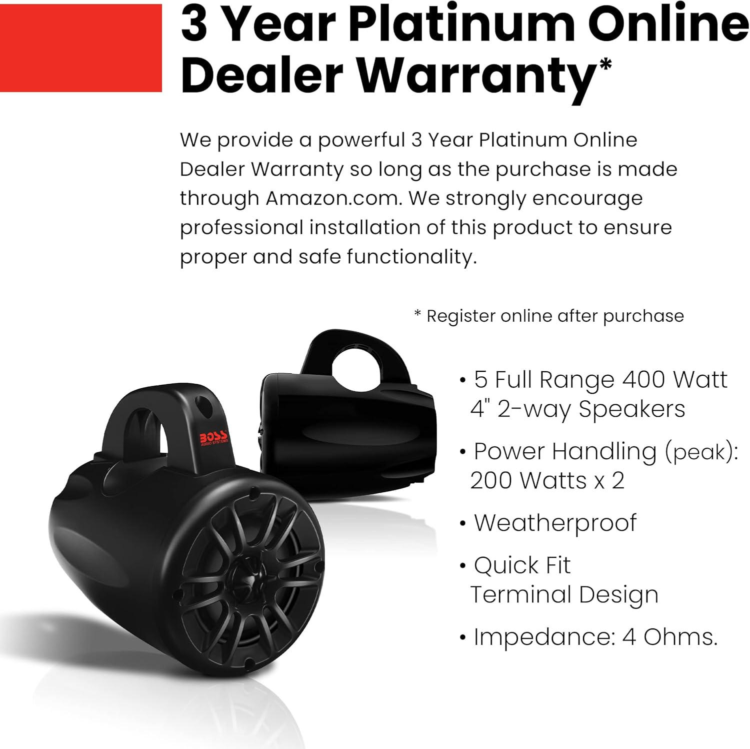 BOSS Audio Systems MRWT40 ATV UTV Marine Weatherproof Waketower System - 4 Inch Stereo Speakers, Full Range, 2 Way, Tweeters