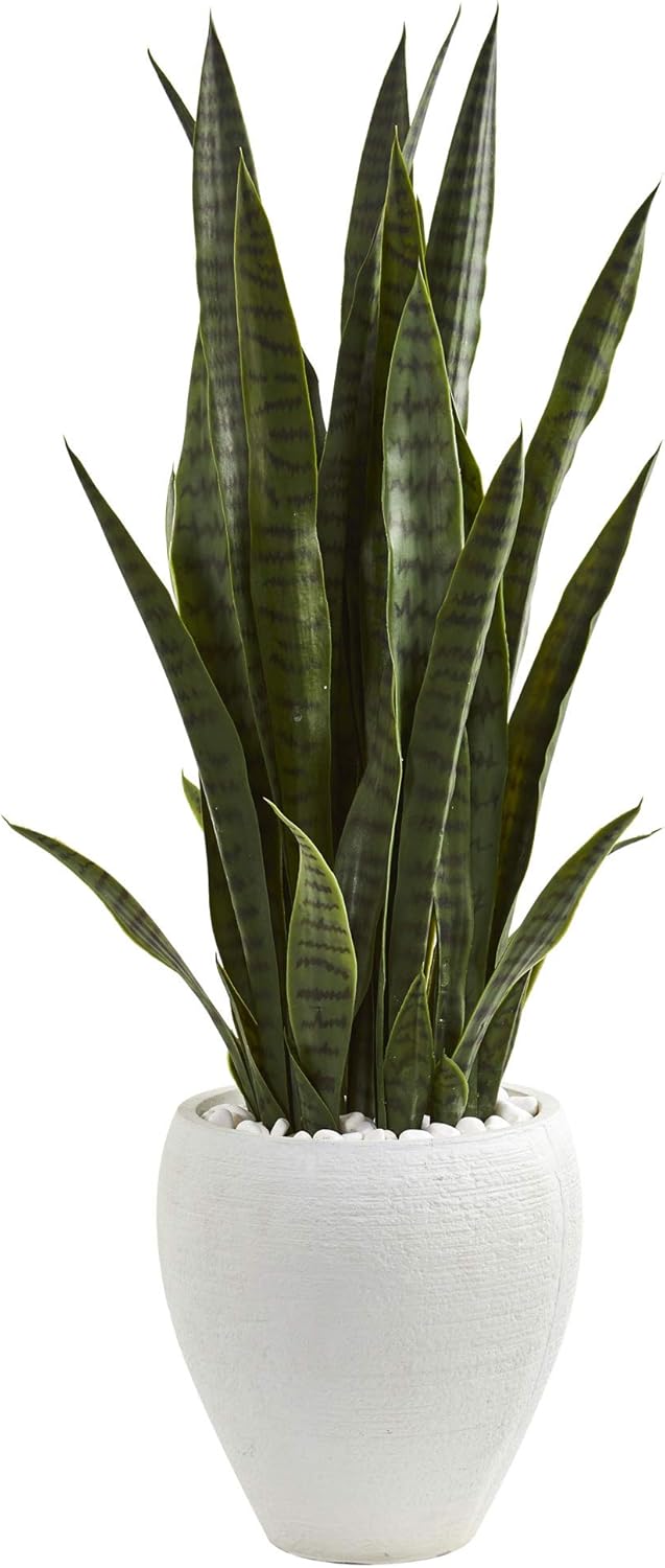 Nearly Natural 3.5-ft Artificial Tall Snake Plant Sansevieria, Yellow Faux Snake Plant for Indoor Home Decor in White
