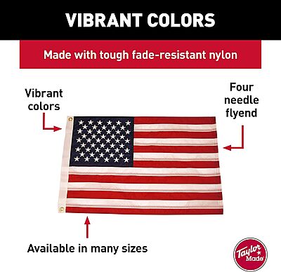 Taylor Made Sewn American Flag for Boats, 16" x 24", Marine-Grade Nylon, Fade Resistant, Brass Grommets