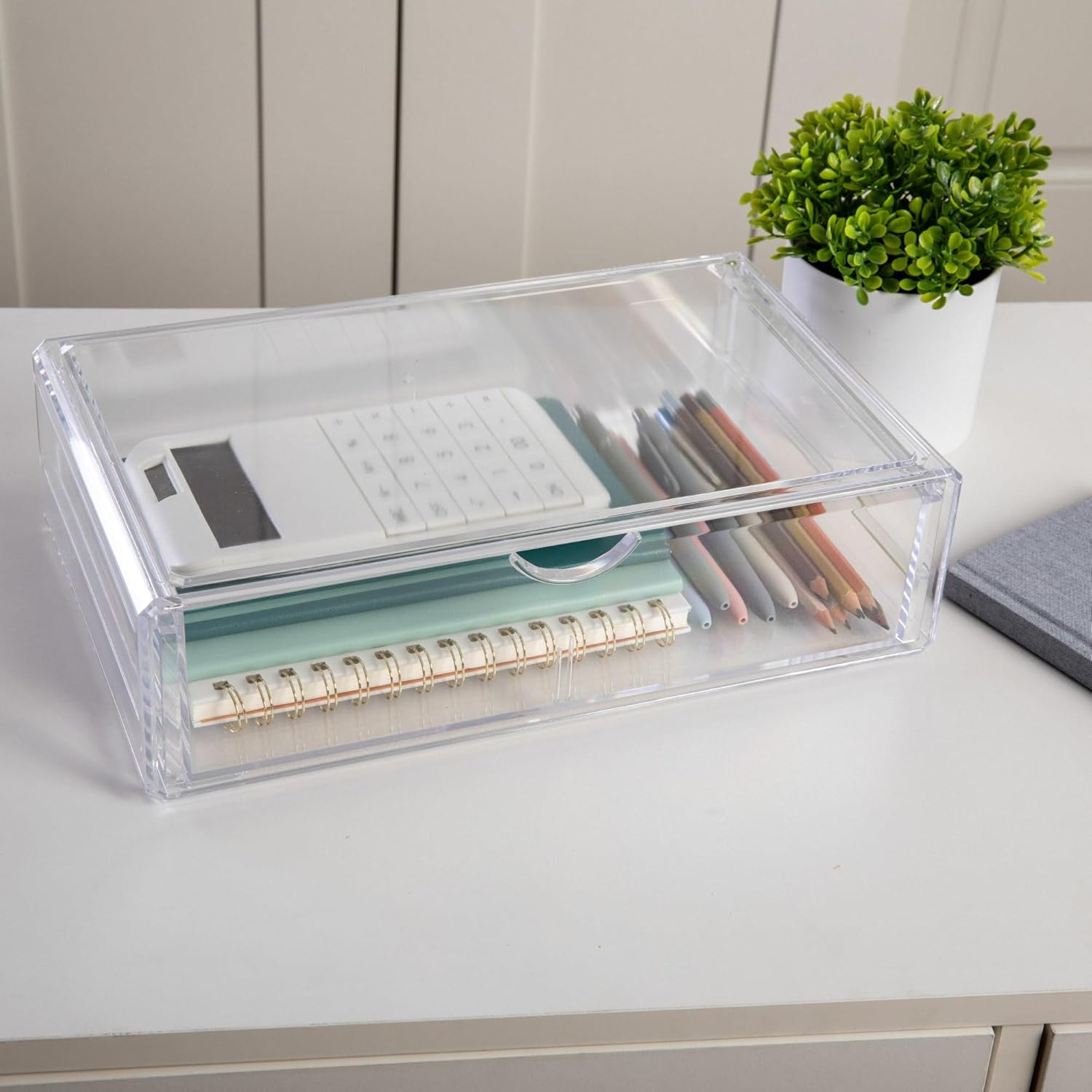 Martha Stewart Brody Desk Organizer with Drawers, Stackable Plastic Storage Box