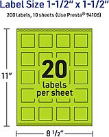 Avery Printable Square Labels, Sure Feed Technology, 1-1/2" x 1-1/2", Bright Green Labels, Print-to-The-Edge