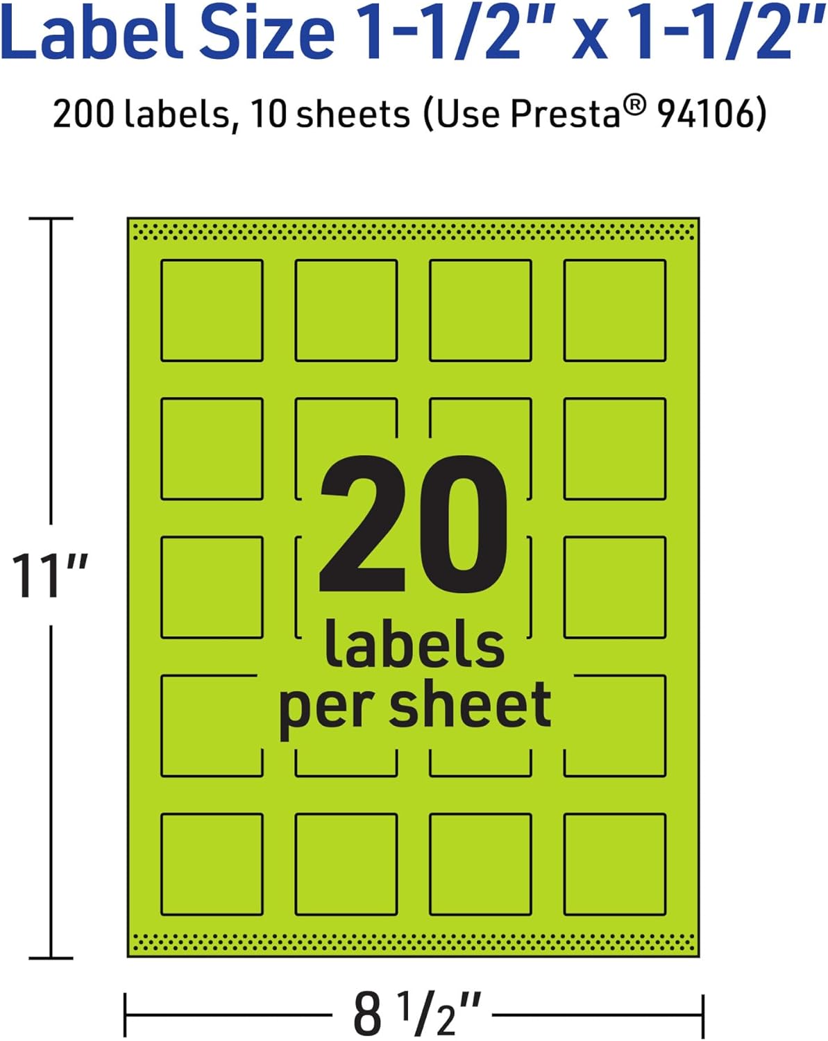 Avery Printable Square Labels, Sure Feed Technology, 1-1/2" x 1-1/2", Bright Green Labels, Print-to-The-Edge