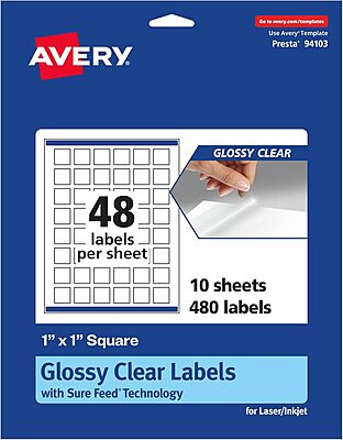 AVERY Glossy Clear Square Labels, Sure Feed Technology, 1" x 1", Print-to-The-Edge, Laser/Inkjet Printable