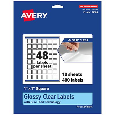 AVERY Glossy Clear Square Labels, Sure Feed Technology, 1" x 1", Print-to-The-Edge, Laser/Inkjet Printable