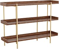 Martha Stewart Emmett 3 Shelf Storage Display Unit Bookcase with Metal, Set of 1, Walnut Wood Grain/Polished Brass Frame