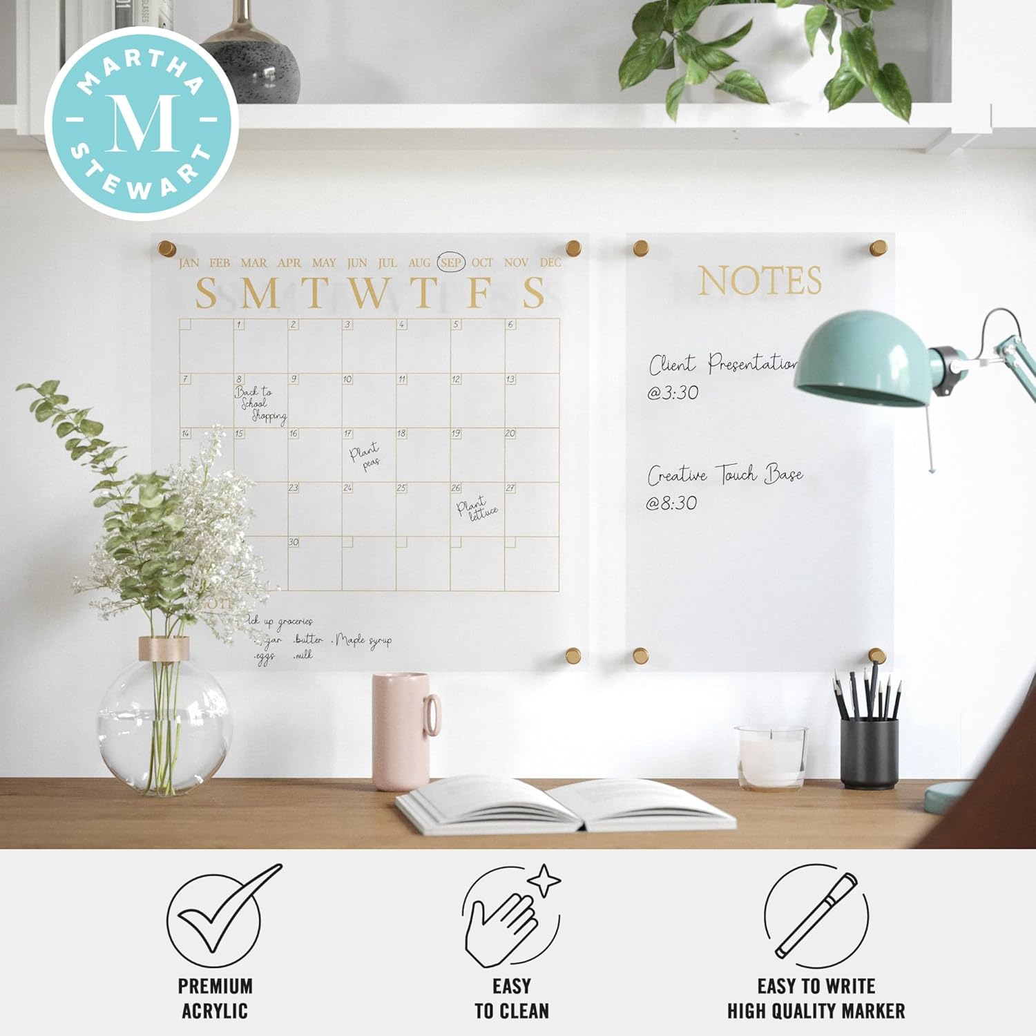 Martha Stewart Grayson Acrylic Wall Calendar and Notes Board with Dry Erase Marker